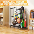 Garage Ball Storage With Baseball & Badminton Holder: Floor Sports Equipment Organizer, Sports Ball Rack With Elastic Rope, Ball Holder for Basketball, Soccer, Volleyball, Football, Garage, Gym, Black