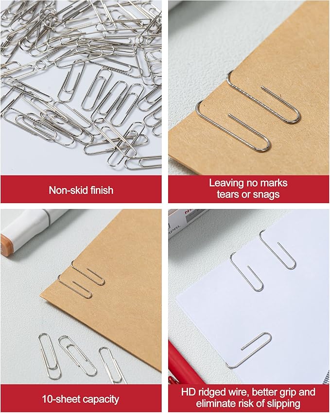 PAPERPAL #1 Nonskid Paper Clips, 2000 Medium Paper Clips (20 Boxes of 100 Each), Bulk Paperclips for Office School & Personal Use, Daily DIY, 1-2/7" Silver Heavy Duty Non-Skid Paper Clip Standard Size