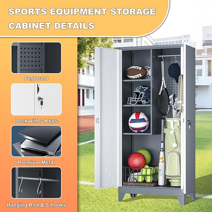 Golf Bag Storage Cabinet for Garage, Metal Golf Bag Organizer with Lockable Doors, 61" Sports Equipment Organizer for Garage, Home, Office, Gym