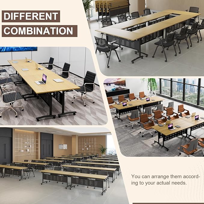 Folding Conference Room Table, Modern Conference Tables with Wheels, Large Rectangular Mobile Training Tables for Office Classroom, Foldable Modular Boardroom Seminar Table Maple (8pack L55.1in)