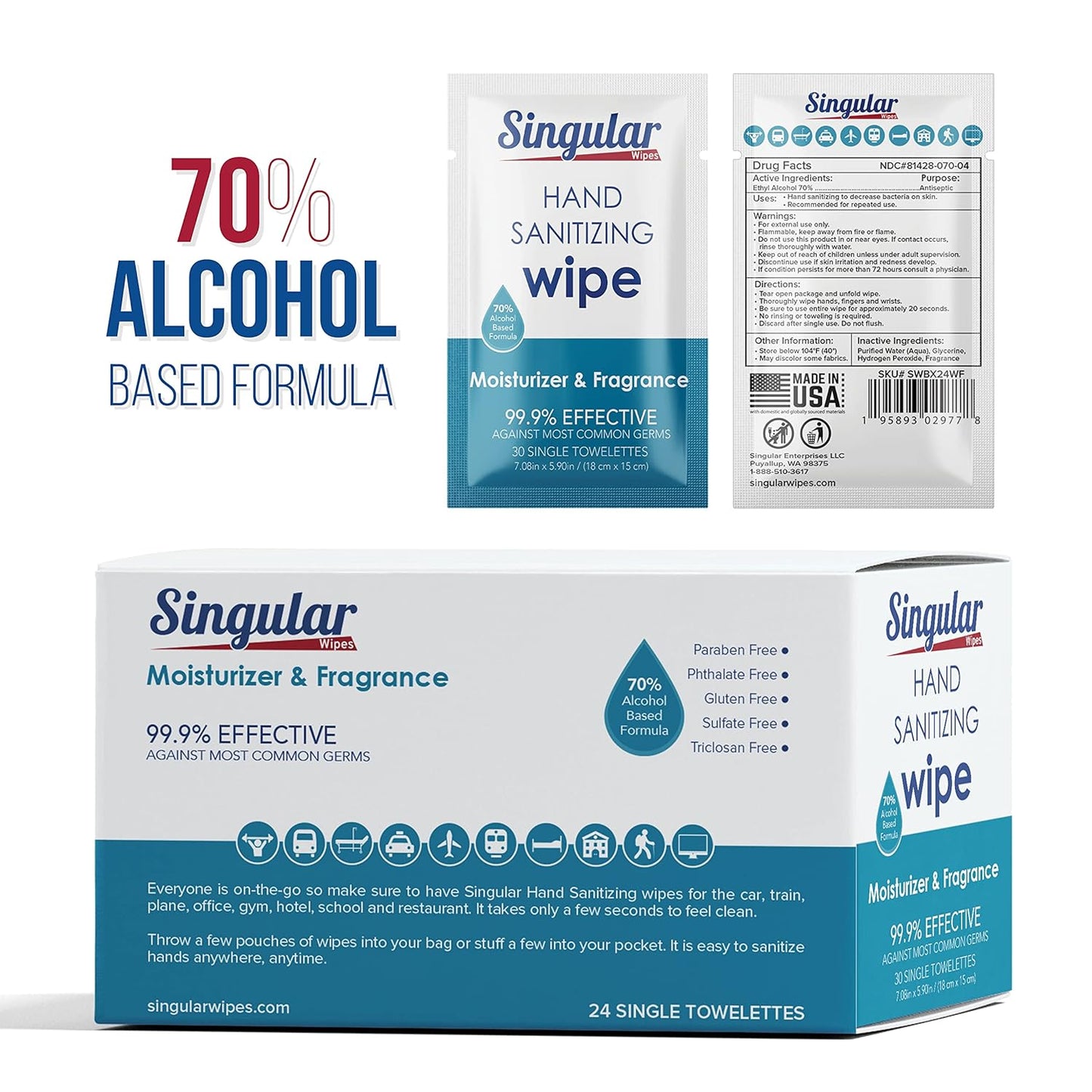 Hand Sanitizing Wipes Travel Size by Singular Wipes – 24ct Individually Wrapped | Fresh Citrus Scent, Moisturizing, 70% Alcohol Wipes | Travel, Office, School, Home | Made in USA