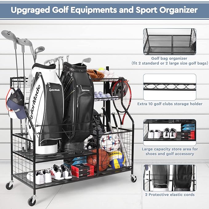 Sports Equipment Organizer, Sports Storage for Garage, Golf Bag Storage Rack, Golf Organizer Stand for Golf Club, Ball Storage Cart with Wheel for Garage, Gym, Shed, Outdoor