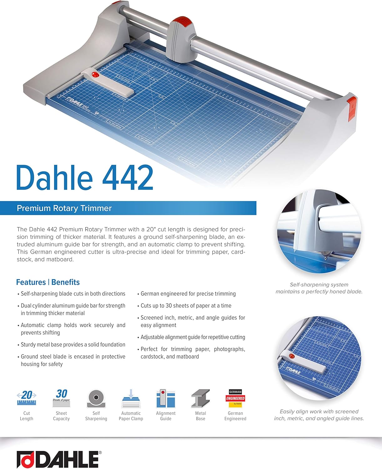 Dahle 442 Premium Rotary Trimmer, 20" Cut Length, 30 Sheet Capacity, Self-Sharpening, Automatic Clamp, German Engineered Paper Cutter