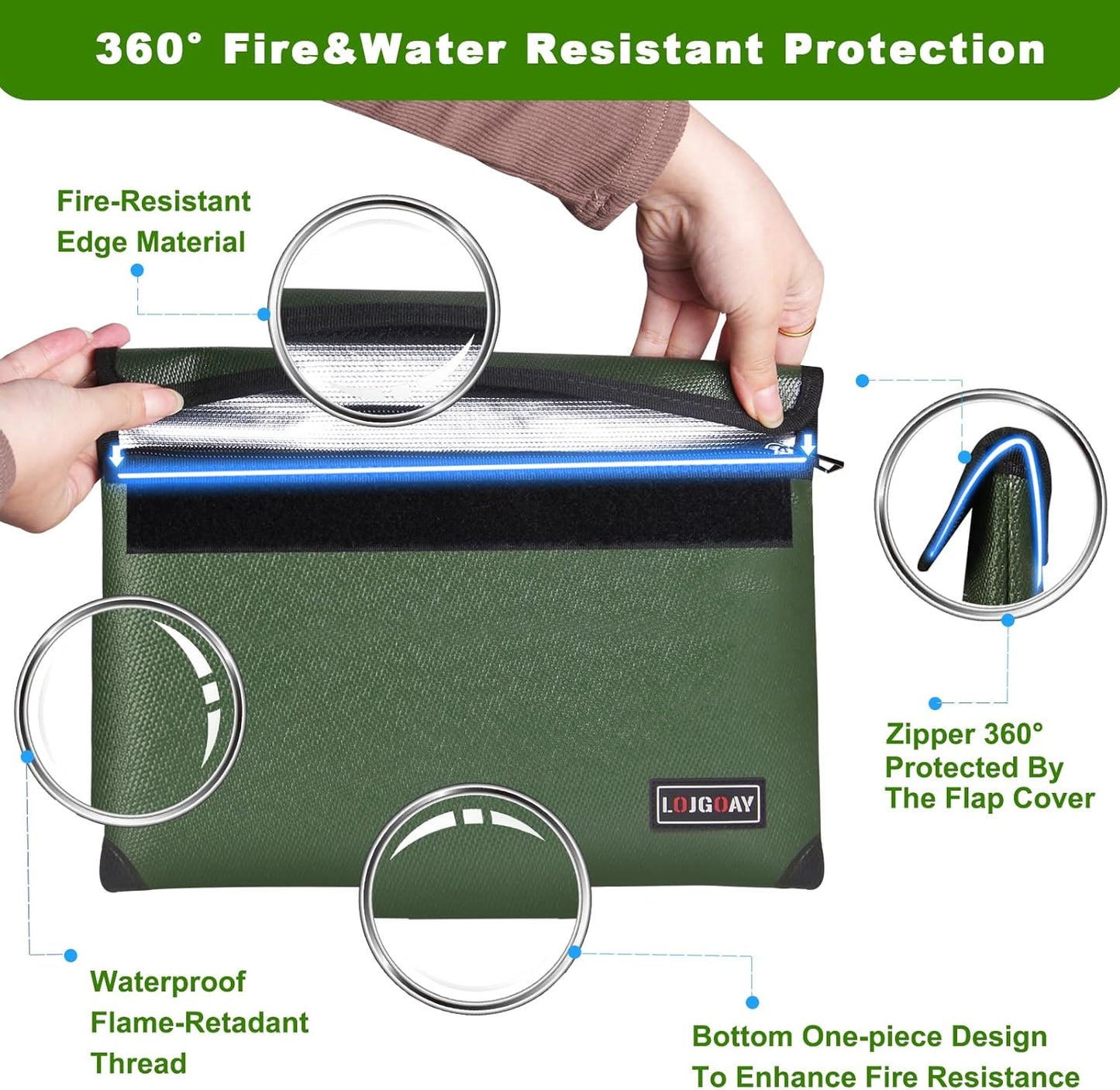 Fireproof Document Bag - with 5200°F Heat Insulated, Waterproof Fireproof Bag with Zipper, Fireproof Money Bag for Cash/Documents/Valuables, Fire bag (Green, 11"x7.7")