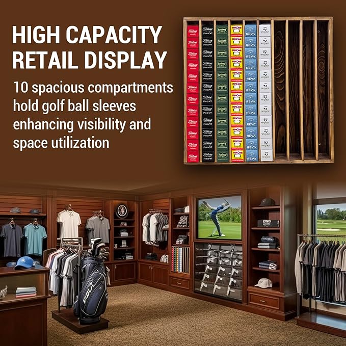 MyGift Golf Ball Sleeves Holder with 10 Compartments, Rustic Burnt Solid Wood Retail Display Rack, Commercial Wall Mounted Storage Shelf
