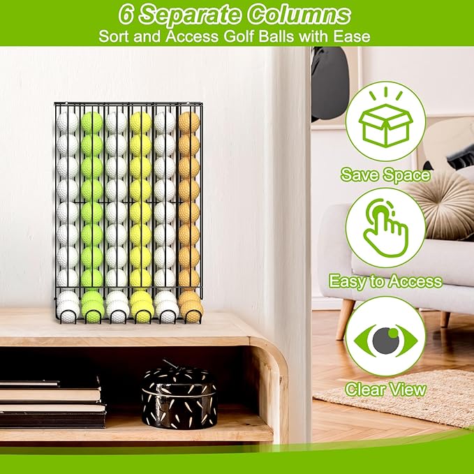 Golf Ball Holder for 60 Balls, Countertop & Wall-Mounted Golf Ball Dispenser, Metal Wire Display Rack for Home, Office, Indoor Simulator, Club, Driving Range, Black