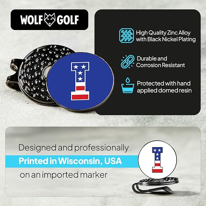 Wolf Golf Towels Golf Ball Marker Hat Clip | USA Monogram | 1 Magnetic Clip + 3 Ball Markers | Patriotic Golf Accessories for Men & Women