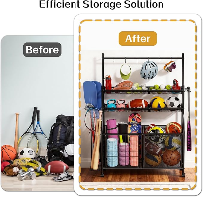 Large Sports Organizer for Garage, Ball Storage Rack Garage Sports Equipment Organizer with Side Racks, Baskets, Hooks, Multi-Purpose Golf Gear Storage for Gym Indoor Outdoor