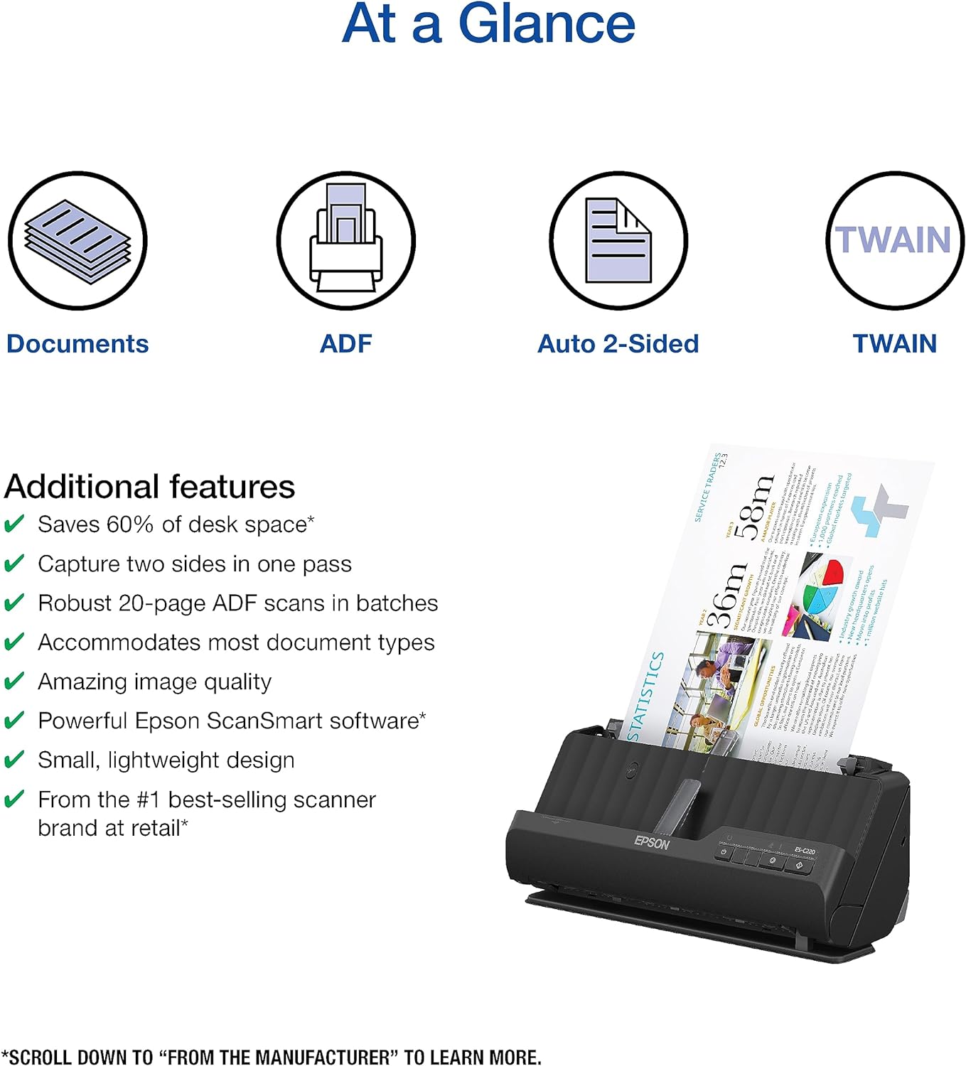 Epson Workforce ES-C220 Compact Desktop Document Scanner with 2-Sided Scanning and Auto Document Feeder (ADF) for PC and Mac