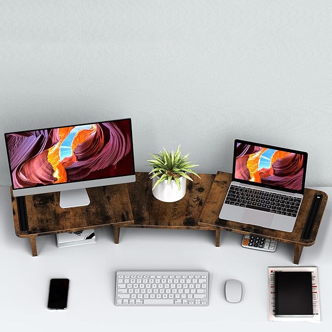 Zimilar Dual Monitor Stand Riser, Monitor Stand with Adjustable Length and Angle, Wood Monitor stand for desk, Monitor Riser for 2 monitors with Storage Space(Rust Brown Large)