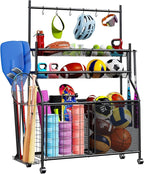 Large Sports Organizer for Garage, Ball Storage Rack Garage Sports Equipment Organizer with Side Racks, Baskets, Hooks, Multi-Purpose Golf Gear Storage for Gym Indoor Outdoor