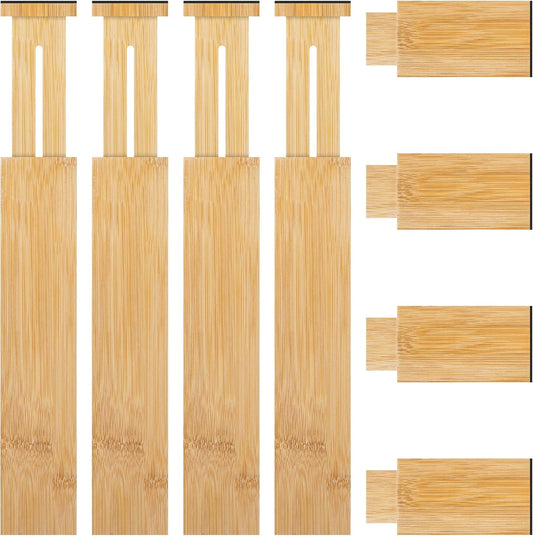 FJO 4 Pack Adjustable Bamboo Drawer Dividers - 12.5" - 21.7" Expandable Drawer Separators for Kitchen, Utensils, Clothes, Bedroom, Dresser, Bathroom (Beige)