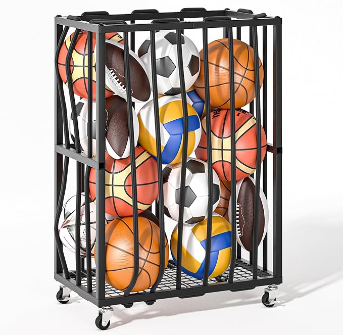 Ball Sports Organizer Storage Cart, Garage Metal Rolling Bin with Thicker Elastic Rope, Ball Holder Rack with Wheels for Volleyball, Basketball, Football, Toys, Gym, Outdoor & Indoor Equipment Storage