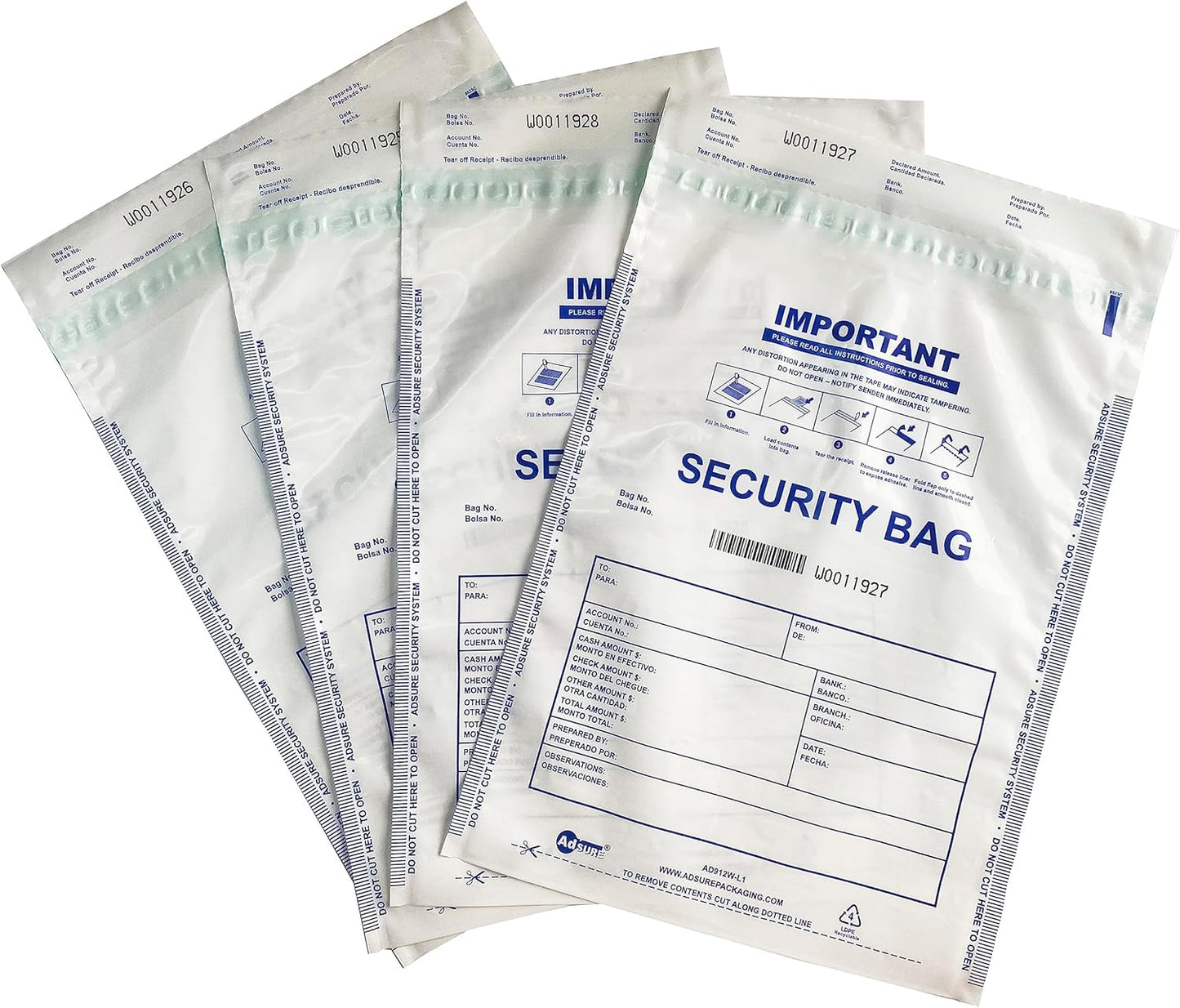 Plastic Bank Deposit Bags 9"x12"|Secure Bank Deposits,Cash Handling or Safe Currency Transportation | Sequential Barcodes | Tamper-Evident | Tear-Off Receipt for Security (White, 100 Pack)