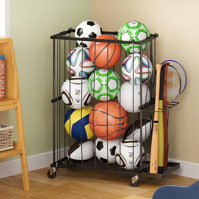 Garage Ball Storage With Baseball & Badminton Holder: Floor Sports Equipment Organizer, Sports Ball Rack With Elastic Rope, Ball Holder for Basketball, Soccer, Volleyball, Football, Garage, Gym, Black
