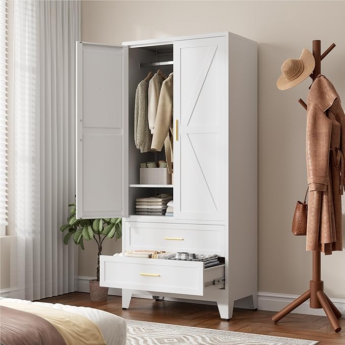 71" Tall Metal Wardrobe Cabinet with 2 Drawers and Hanging Rod, 2 Doors Armoire Wardrobe Closet with Shelf for Bedroom, Office, Laundry Room, White