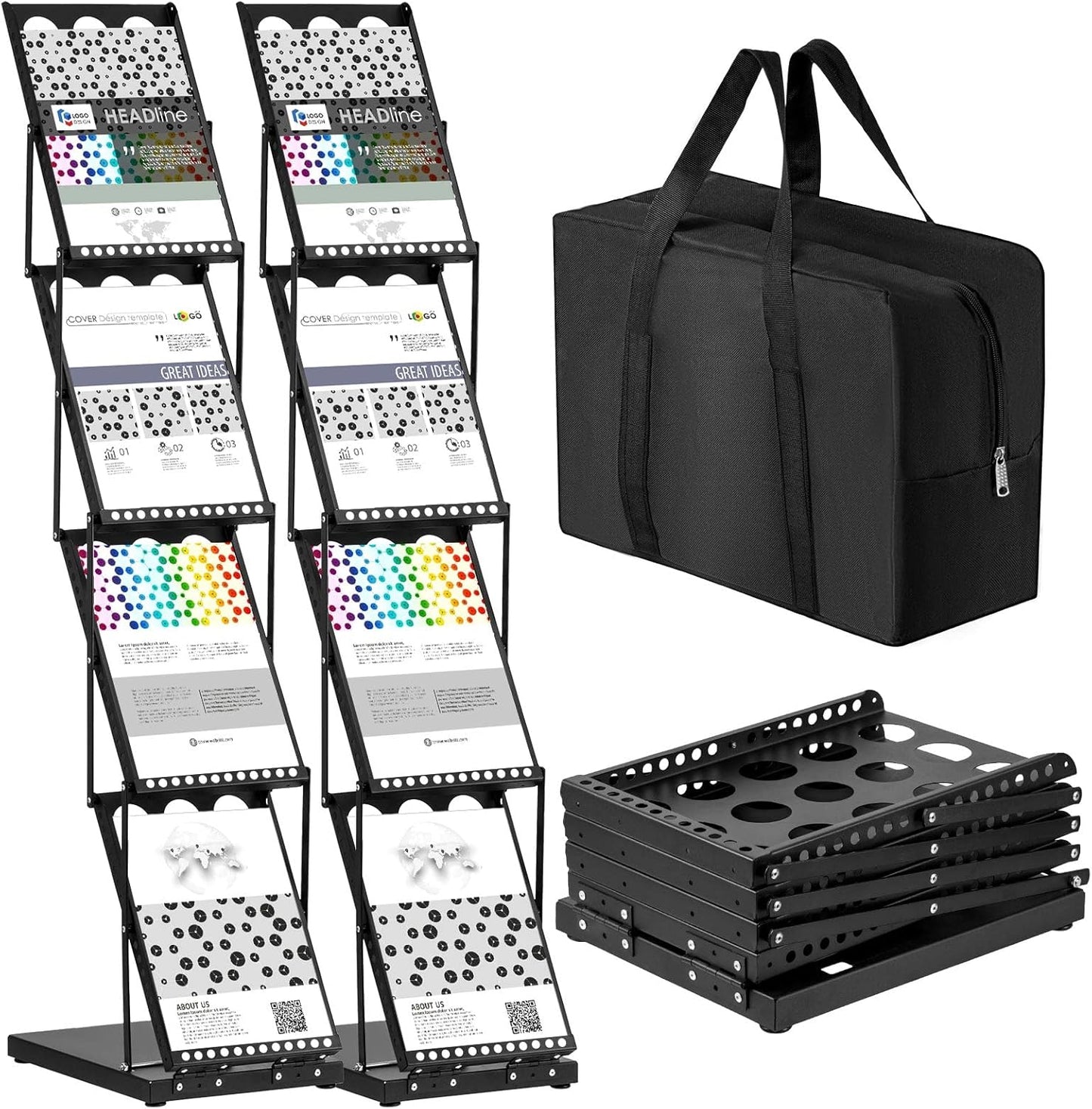 Tatuo 2 Pieces Foldable Magazine Rack Metal Catalog Literature Rack Portable 4 Pockets with Carrying Bag Brochure Stand Literature Display Holder Stand for Exhibition Trade Show