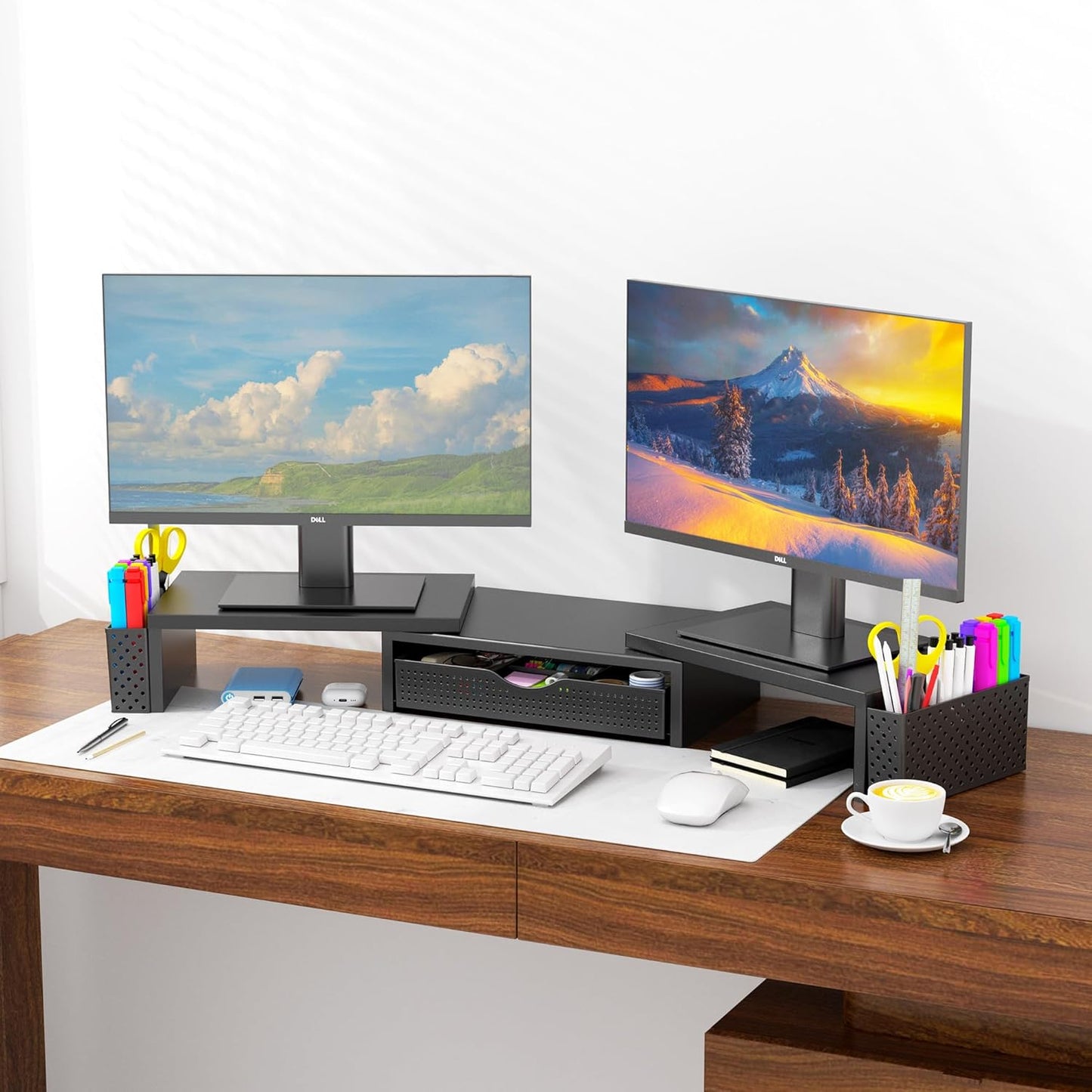 Spacrea Metal Desk Organizers and Accessories, Dual Monitor Stand Riser with Drawer and 2 Pen Holders, Desk Accessories & Workspace Desktop Organizers for Office Supplies (Black)