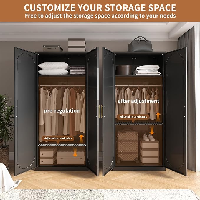 Metal Armoire Wardrobe Closet with Doors and Shelves, 71" Tall Wardrobe Closet with Hanging Rod, Freestanding Clothes Cabinets, Large Wardrobes for Bedroom, Black, Assembly Required