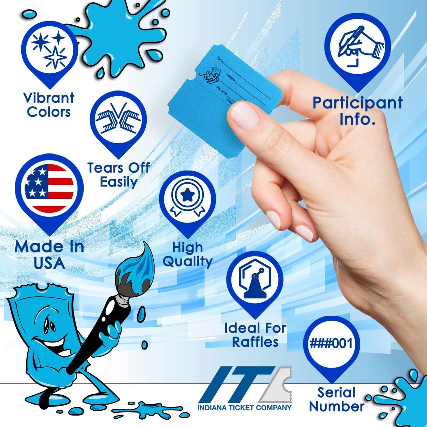 INDIANA TICKET CO. Double Roll Raffle Tickets – 1,000 Blue, Events, Fundraiser, Carnival, Fair, Door Prize, Drink/Food Tickets, Classroom Reward, Bingo, Auction, 50/50 Cash Draw. (8 Color Selection)