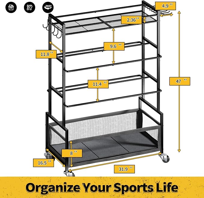 SOYEEZE Sports Equipment Organizer- Ball Storage for Garage,4 Tiers Outdoor Toy Storage,Soccer Racks,Basketball Shooting Training Stand Cart with Wheels and Hooks for Home-School and Gym Use