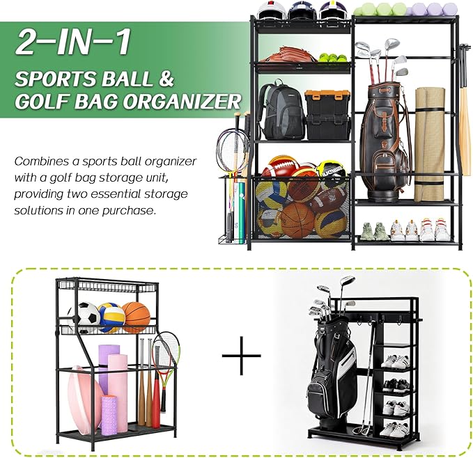 Large Sports Organizer for Garage, Ball Storage Rack Garage Sports Equipment Organizer with Side Racks, Baskets, Hooks, Multi-Purpose Golf Gear Storage for Gym Indoor Outdoor