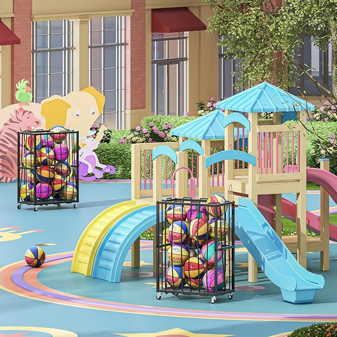 Ball Sports Organizer Storage Cart, Garage Metal Rolling Bin with Thicker Elastic Rope, Ball Holder Rack with Wheels for Volleyball, Basketball, Football, Toys, Gym, Outdoor & Indoor Equipment Storage