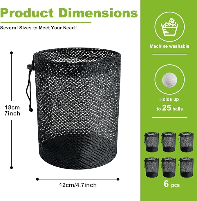 Golf Ball Storage Bag-6 Pack Mesh Bags with Drawstring，Golf Shag Bag Organizer,Sports Equipment Organizer Sack，for Collecting Half Balls Tennis Beach Trave