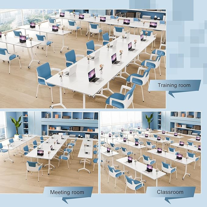 10Pack Folding Conference Room Table, Modern Conference Tables with Silent Wheels, Large Rectangular Mobile Training Tables for Office Classroom, Foldable Modular Seminar Table White (L63in)