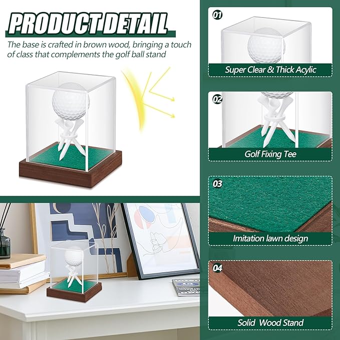 Wenqik Golf Ball Display Case with Wood Base and Tee Acrylic Golf Ball Holder Stand Dust Protection Display Cube Box for Baseball Memorabilia Display Case Gift