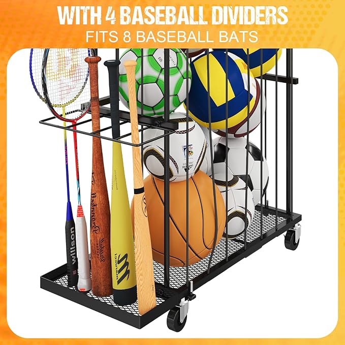 Garage Ball Storage With Baseball & Badminton Holder: Floor Sports Equipment Organizer, Sports Ball Rack With Elastic Rope, Ball Holder for Basketball, Soccer, Volleyball, Football, Garage, Gym, Black