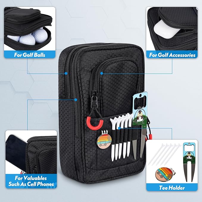 mytag Golf Ball Bag Pouch Zipper | Store 12-15 Balls, Golf Valuables Pouch Portable Outfit Organizer Bag Organizer Case Multipocket, Black
