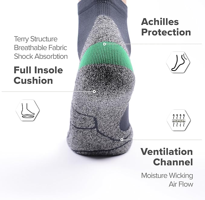 Tactia Full Cushion Compression Socks Men, Coolmax No-Blister Wicking Padded Heel, Quarter Socks for Tennis Golf Hiking Work