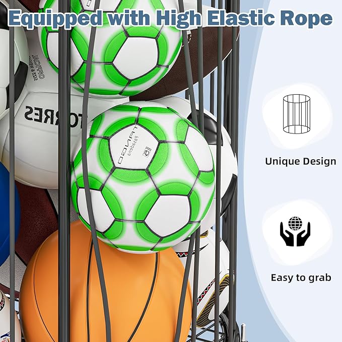 Garage Ball Storage: Round Sports Equipment Organizer with Wheels, Sports Ball Rack With Elastic Rope, Ball Holder for Basketball, Soccer, Volleyball, Football, Garage, Gym, Outdoor (Black)