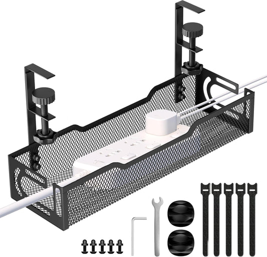 Under Desk Cable Management Tray, No Drill Mesh Desk Cable Tray, Wire Management Tray Cable Management Rack, Wire Organizer and Cable Management Box (Black)