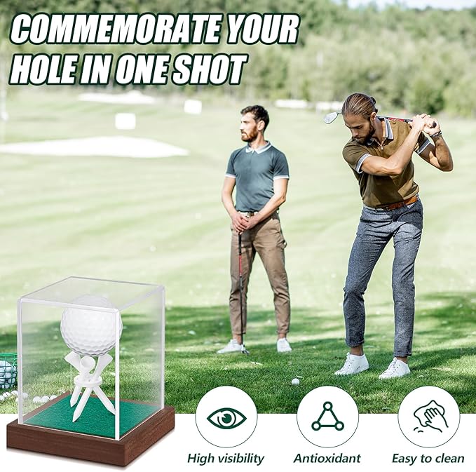 Wenqik Golf Ball Display Case with Wood Base and Tee Acrylic Golf Ball Holder Stand Dust Protection Display Cube Box for Baseball Memorabilia Display Case Gift