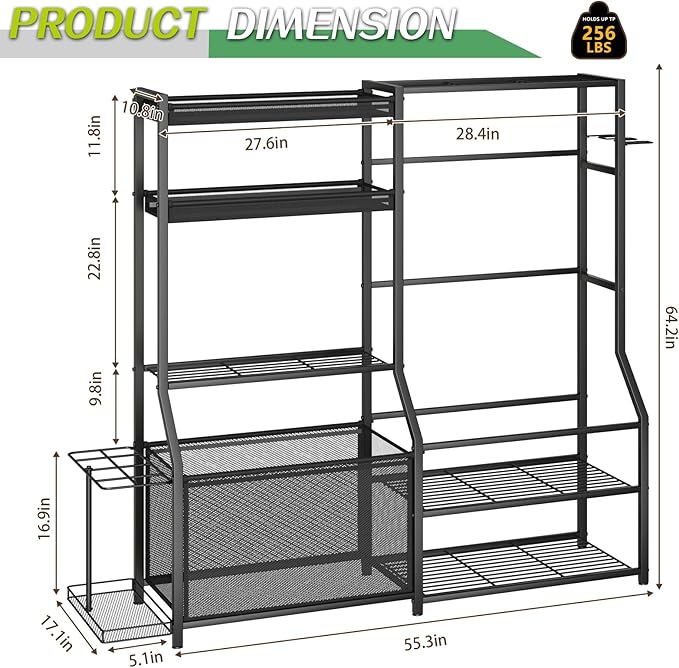 Large Sports Organizer for Garage, Ball Storage Rack Garage Sports Equipment Organizer with Side Racks, Baskets, Hooks, Multi-Purpose Golf Gear Storage for Gym Indoor Outdoor