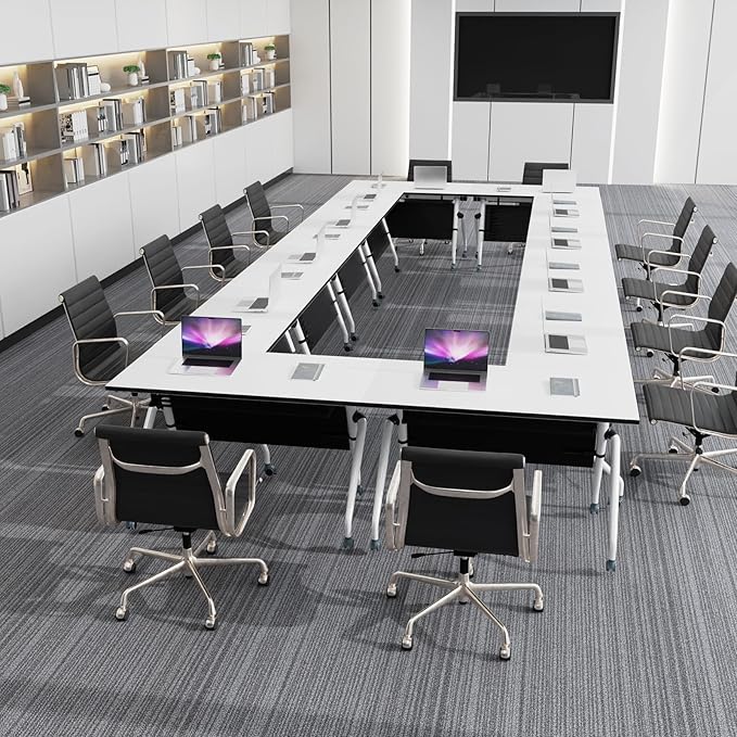Conference Table, Folding Conference Room Tables, Mobile Training Tables with Silent Wheels, Large Rectangular Modular Seminar Table Office Computer Desks for Classroom White (4Pack L63in)