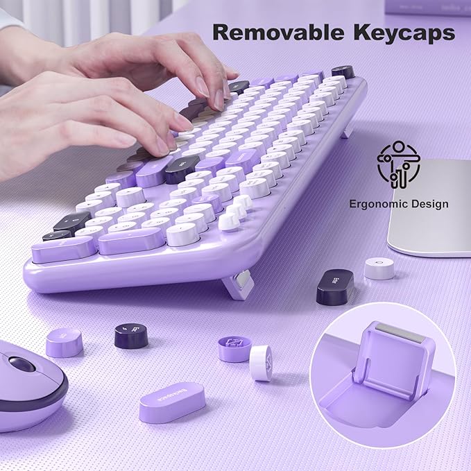 MOFII Wireless Keyboard and Mouse, Retro Typewriter Keyboard and Silent Mouse, 2.4GHz Full Size Keyboard and Mouse Wireless Combo for Laptop, PC, Desktop, Windows (Violet)