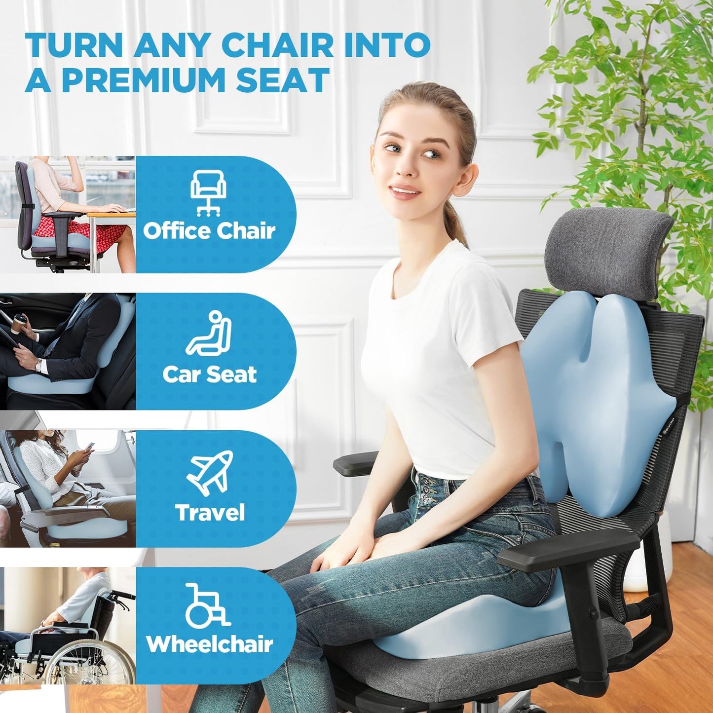 BEAUTRIP Seat Cushion & Lumbar Support Pillow for Office Chair, Car & Wheelchair - Ergonomic Coccyx Cushion for Tailbone, Sciatica & Back Pain Relief - Extra-Dense Charcoal Memory Foam Chair Cushions