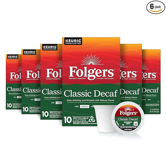 Folgers Classic Decaf Coffee, Keurig K-Cup Pods, 10 Count Box (Pack of 6)