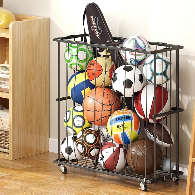 Large Garage Ball Storage, Rolling Floor Sports Equipment Organizer: Freestanding Ball Rack with Elastic Rope–, Ball Holder for Basketball, Soccer, Football, Volleyball, Garage, Gym, Black