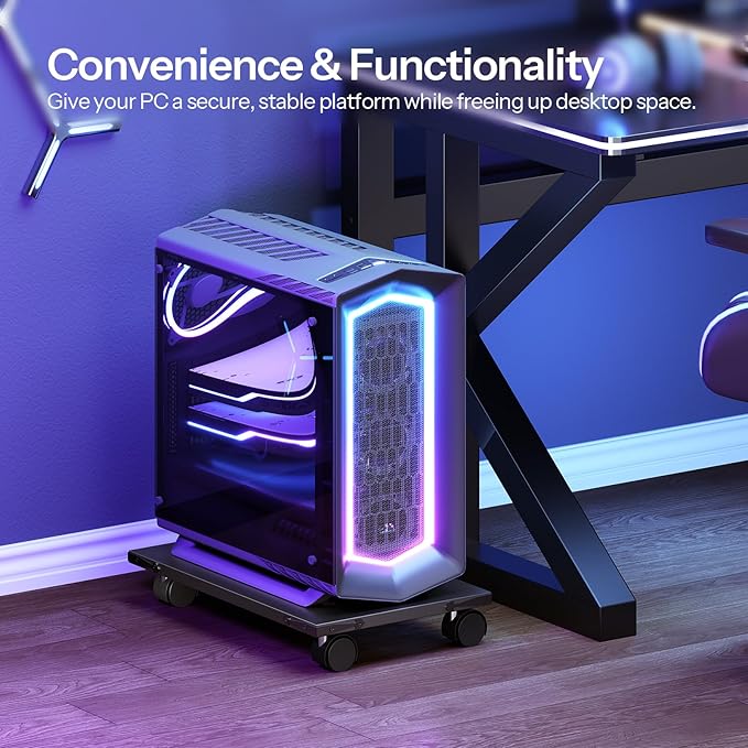 HOOBRO Mobile PC Stand, Ventilated Computer Tower Stand, PC Tower Holder with 4 Caster Wheels, CPU Holder Under Desk Fits Most Computer Host, for Office, Gamers, Black BB46CJ01