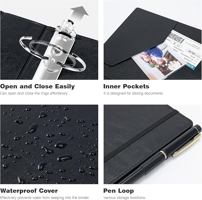 Ospelelf 3 Ring Binder with Clipboard 2 Inch Leather Binder for Letter Size (8.5" x 11"), Clipboard Binder with 5 Tab Dividers Back to School Supply, Black