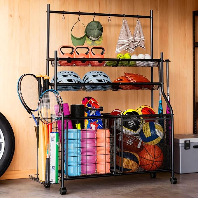 Large Sports Organizer for Garage, Ball Storage Rack Garage Sports Equipment Organizer with Side Racks, Baskets, Hooks, Multi-Purpose Golf Gear Storage for Gym Indoor Outdoor