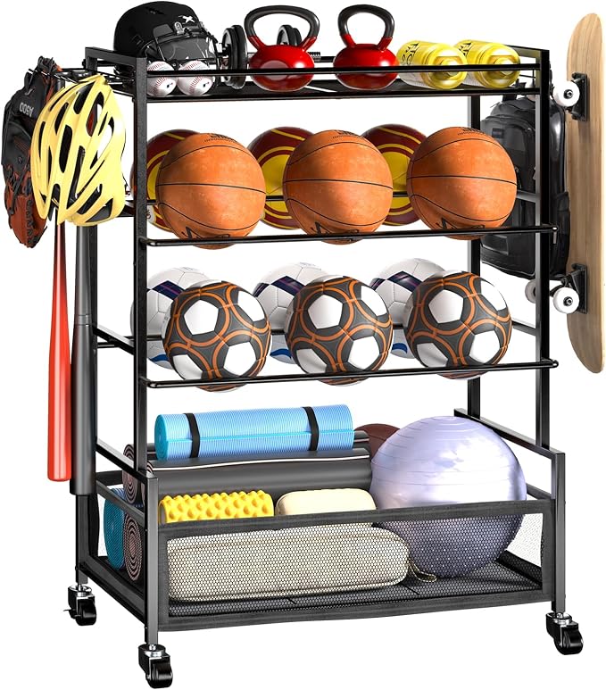 SOYEEZE Sports Equipment Organizer- Ball Storage for Garage,4 Tiers Outdoor Toy Storage,Soccer Racks,Basketball Shooting Training Stand Cart with Wheels and Hooks for Home-School and Gym Use