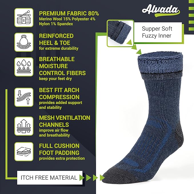 Alvada Warm Thermal Wool Socks for Winter Moisture Wicking and Breathable Cozy Boot Socks
