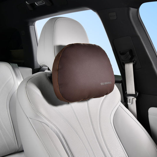 Coverado Leather Car Headrest Pillow Car Neck Pillow with Adjustable Strap, Head Support Rest Driver Relax Head Muscles Relieve Driving Fatigue, Breathable & Removable Cover, Coffee