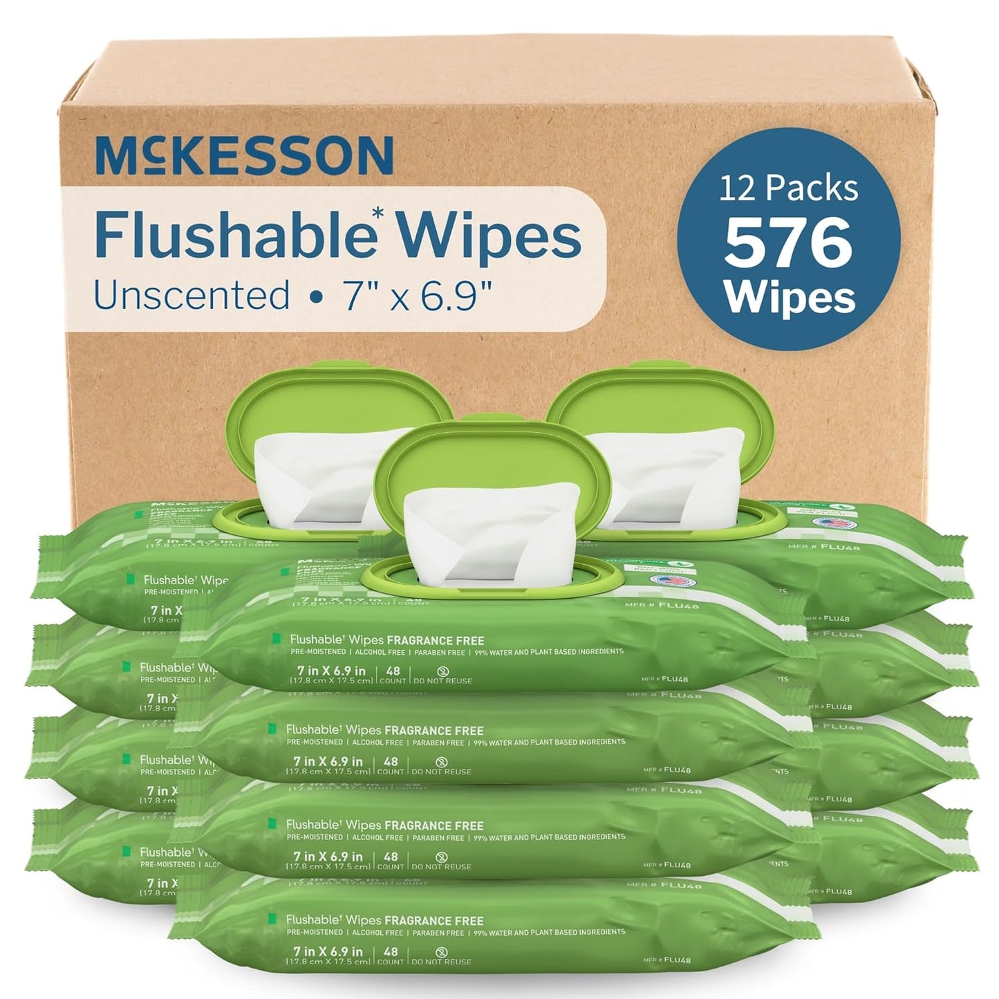 McKesson Flushable* Adult Wet Wipes – 576 Wipes (12 Pack of 48) – Aloe & Vitamin E, Plant-Based Cleansing Wipes, Unscented