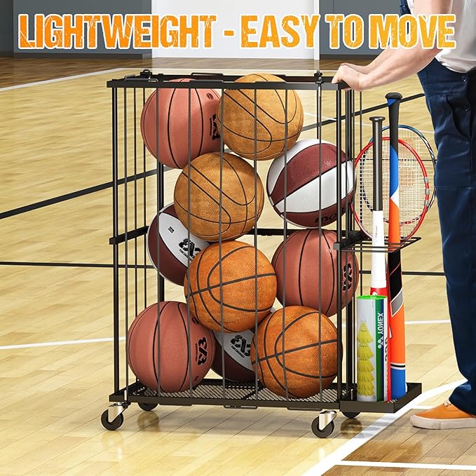 Garage Ball Storage With Baseball & Badminton Holder: Floor Sports Equipment Organizer, Sports Ball Rack With Elastic Rope, Ball Holder for Basketball, Soccer, Volleyball, Football, Garage, Gym, Black